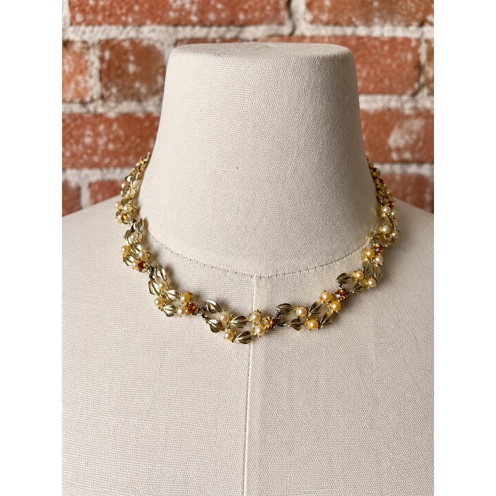 Vintage Gold Tone Choker Necklace Faux Pearl Amber Rhinestone Victorian Cottage